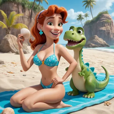 La beauté emblématique aux cheveux rouges de l'époque préhistorique, Wilma Flintstone, s'élançant confortablement sur une serviette de plage vibrante qui correspond à sa robe emblématique. Son animal de compagnie Dino, l'adorable dinosaure, est en train de geler dans le peu profond