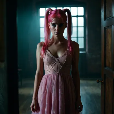 ghost in dark room. Devil. Possessed girl. Pink hair. Ponytail. See-through dress. American