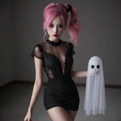 Sexy see-through ghost girl in dark room. Devil. Pink hair. Ponytail. See-through dress. latino
Black dress