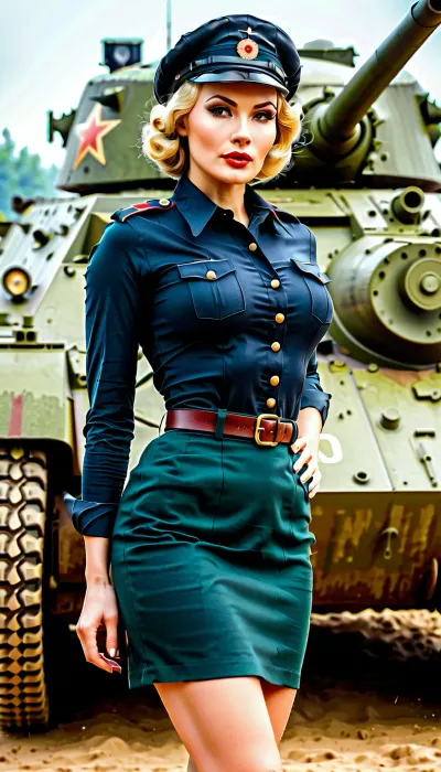 Die Frau auf dem Foto ist ein sowjetischer Armeeoffizier, der eine hochwertige T-34 Tankhaut trägt. Sie hat einen professionellen und ernsten Ausdruck auf ihrem Gesicht, mit perfekter Beleuchtung und Detail. Obwohl es ein altes Foto ist, sieht es trotzdem unglaublich realistisch aus