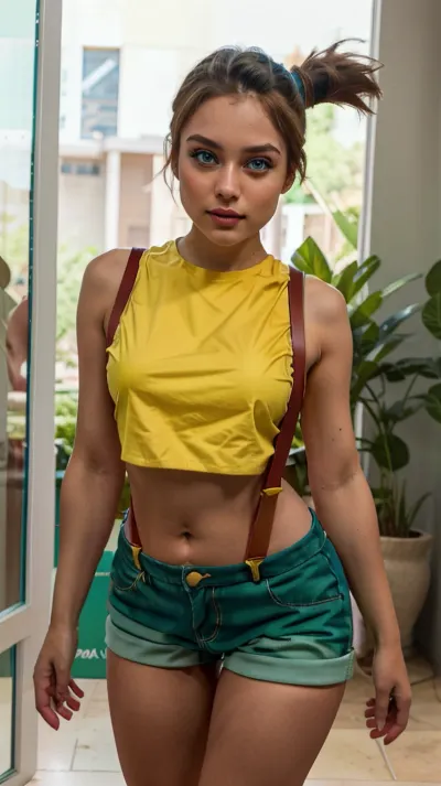beautiful, masterpiece, best quality, extremely detailed face, perfect lighting, green eyes, yellow shirt, crop top, suspenders, shorts, camel toe, <lora:Misty:.9>, <lora:upshorts_v0.4:.5>