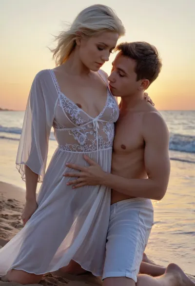 Die alte Frau saß am Strand, ihre faltige Haut der Sonne ausgesetzt. Sie trug einen enthüllenden Neglige, und ihr Liebhaber machte Fotos von ihr. Die alte Frau lächelte verführerisch, als sie sah, wie er seine Zeit mit dem