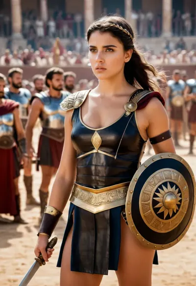 L'étonnante nouvelle série d'images haute résolution capture la jeune fille de Rome antique, debout à côté de son adversaire féminine, dans l'arène gladiatrice. Les photos ont été prises avec de l'équipement professionnel et des images complètes sont visibles de derrière
