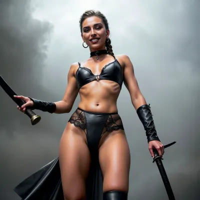 La mujer en la foto lleva un vestido de cuero negro con una katana atada a su espalda. Tiene pelo largo y ojos intensos, con labios llenos y una nariz pequeña. Su piel es suave y perfecta, con pómulos altos y