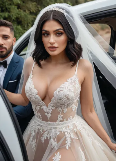 Koh KylieJenner était la mariée la plus chaude à son mariage, portant une robe de mariée transparente qui montrait son corps courbé. Elle avait des tendances de femme canon et aimait avoir trois gars à la fois. Les seins géants sur sa robe étaient visibles