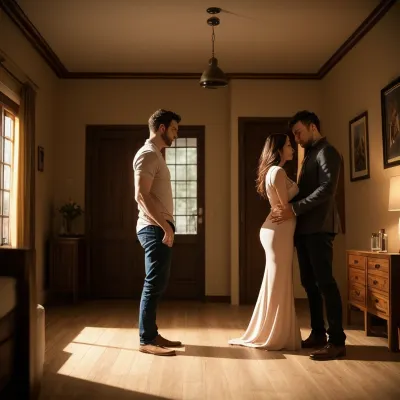 El marido cornudo estaba en la puerta, viendo a su esposa tener sexo con su amante masculino. La habitación estaba iluminada por un resplandor suave y cálido de los accesorios de iluminación, lanzando un ambiente íntimo