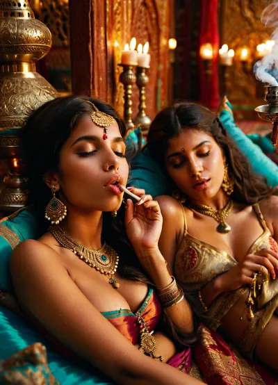 masterpiece, group of girls snuggling, indian, small tits, lying on pillows in an ornate palace, smoking a hookah with the smoke coming out of her mouth forming scenes above her head, dreamy look, dazed, silk clothing, breasts pulled out of her top, upskirt, <lora:_TheOtherHalf_v3_R128_70:.5>, full body, slight smile, cunnilingus, 2girls, girl, licking, pussy, <lora:Cunnilingus XL:.5>
