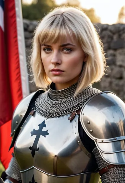 छोटी सुनहरे बालों और बैंग्स के साथ कवच में महिला नाइट लंबे समय तक खड़ा रहा, उसकी चेनमेल क्लाइंबिंग जैसा वह चल रहा था। उन्होंने एक ध्वज को एक सफेद क्रॉस के साथ घेर लिया, जो राज्य की रक्षा के कारण उसकी समर्पण का प्रतीक था। इसके बावजूद