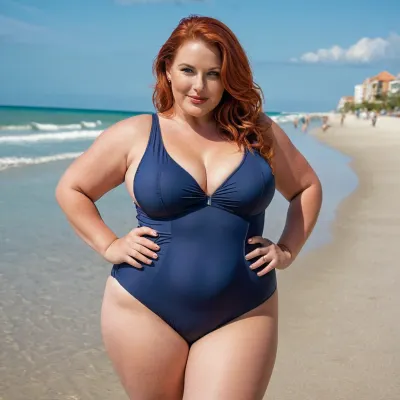 The mature mistress, with her chubby thighs and cellulite-free swimwear, seductively smirked at the fat redhead who was taking pictures of her in a public beach. She knew how to make men drool with
