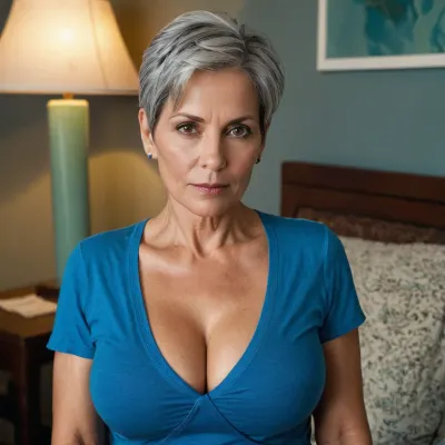 A milf na imagem tinha uma presença comandante, com olhos intensos e uma t-shirt azul apertada que mostrou de sua ampla clivagem. Ela segurava um aperto apertado em seu smartphone, que estava focado na imagem que ela estava tomando de si mesma. Ela..