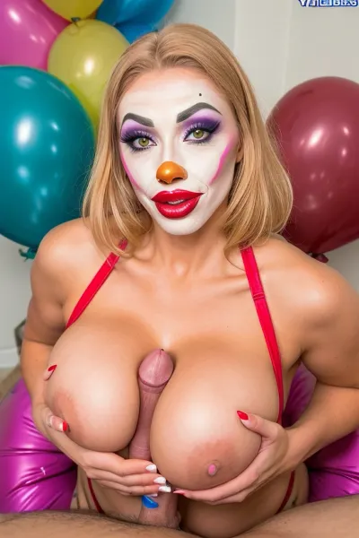 Der Clown war in einem Clown Kostüm, mit Make-up, die ihn wie ein Clown aussehen ließ. Er stand vor dem Geburtstagskind, der einen roten Lippenstift und große Brüste trug. Der Mann hatte Ballons und hielt ein Bild