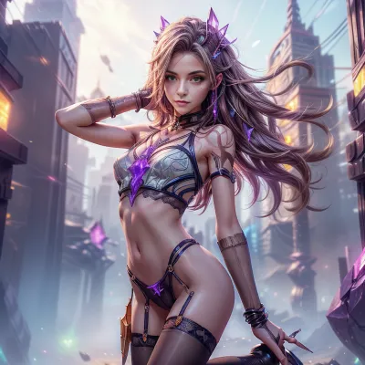 La calle futurista de la ciudad se encendió con luces de neón, arrojando un suave resplandor en el modelo detonante frente a la cámara. Su cuerpo delgado y tonificado estaba perfectamente proporcionado a su marco de petite, y sus ojos azules penetrantes eran fijos