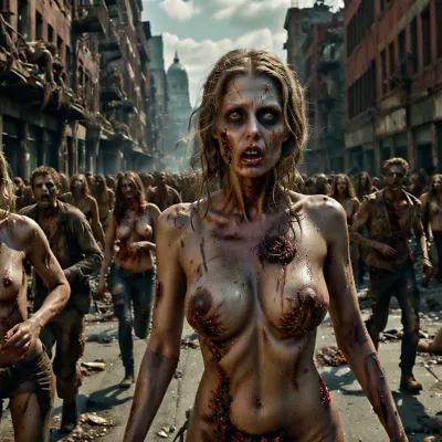 a naked female zombie with big breasts chasing a crowd of 20 year old beautiful woman through the streets of a post-apocalyptic city, world, decay, skin, zombie, zombies, cityscape, <lora:UZombies:.5>