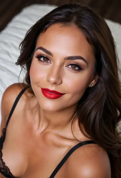 Die Brünette Frau mit rundem Gesicht und schweren dunklen Wimpern verführerisch für die Kamera, zeigen ihre üppige Figur und gebräunte Haut. Ihr nackter Körper wurde zur Perfektion gebräunt, und ihr langes dickes Haar kaskadierte nach unten