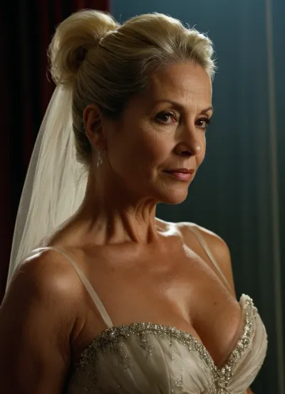 ((1 woman), (mature:1.2), Colombian, milf, gilf, blonde, (mature 45 year old woman), very realistic, ponytail, (facial wrinkles:1), sexy transparent tulle gown, semi naked, dim light, soft lightning, looking at viewer, smirking, (((view from above:1))))