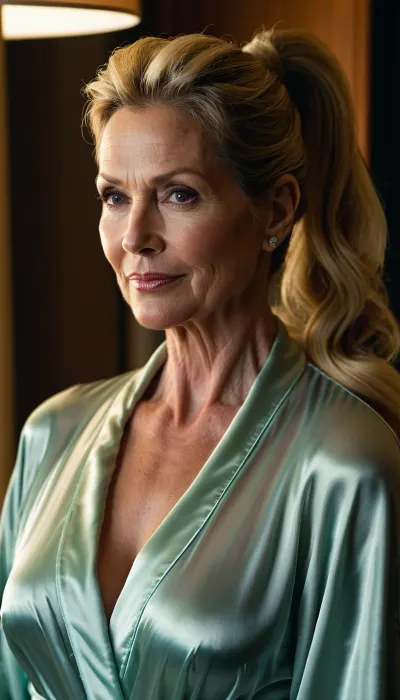 ((1 woman), (mature:1.2), milf, gilf, blonde, (mature 45 year old woman), very realistic, ponytail, (facial wrinkles:1), sexy transparent satin robe, semi naked, dim light, soft lightning, looking at viewer, smirking, (((view from above:1))))