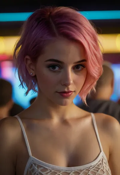 La photo amateur de la danseuse aux cheveux roses pastel dans un club de nuit a été prise avec un appareil photo de haute qualité et un éclairage professionnel. La photo a été prise dans la chambre sombre, où les lumières du néon ont jeté une lueur étrange sur elle