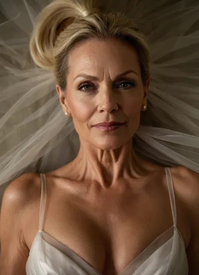 Una mujer de 45 años con un vestido de tul semitransparente y ojos azules, dando un aire de confianza y sensualidad, fue capturada en una foto impresionante que mostraba su belleza madura