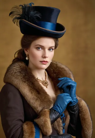 The year 1880, The canvas depicts a young woman, (BODY FACING FRONT, LOOKING FRONT:1.2), She is dressed in the latest fashion of the 1880s. She is wearing a velvet hat with feathers, a coat decorated with fur and ribbons, a muff and thin leather gloves. Her look is regal, mysterious and a little sad. Her outfit, a "Francis" hat, trimmed with elegant light feathers, "Swedish" gloves made of the finest leather, a "Skobelev" coat decorated with sable fur and blue satin ribbons, a muff, a gold bracelet, all these are fashionable details of women's clothing of the 1880s, claiming expensive elegance