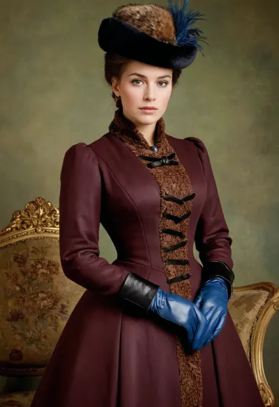 Молодая женщина в королевском наряде, с перьями и мехом, украшенная перчатками, сделанными по последней моде 1880-х годов, намекает на ее богатство и статус женщины высшего общества