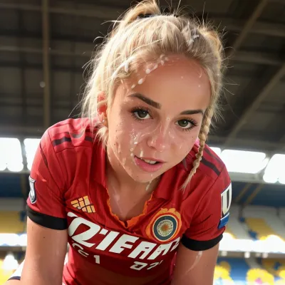 Giulia Gwinn是一位美丽的年轻女子,她脸上有红色的足球衬衫和精液,是高品质AI生成的色情图片的主题,在背景中捕捉到她柔软的光芒