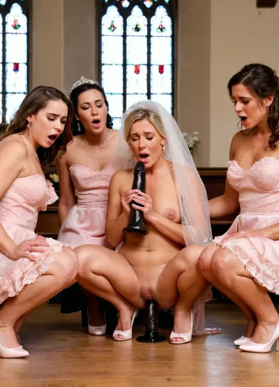 As mulheres de 50 anos de idade damas de honra estavam vestindo vestidos de renda frilly rosa correspondente na frente da igreja totalmente nu chorando. Eles foram cercados por um petite sexy 50 anos de idade noiva agachando em um enorme preto dildo