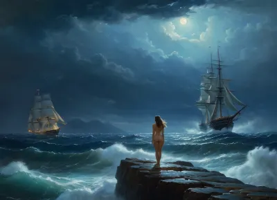 The naked girl stood on the high cliff above the sea, looking out to sea. She was in awe of the ship that was sinking beneath her feet. In a moment of bravery, she stepped off the cliff and into the darkness below