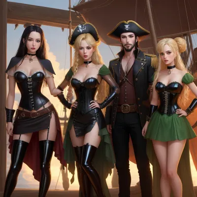 Tinker bell, (a female fairy), and Captain Hook, (a male pirate), tinker bell is a sweet, sexy, very very petite fairy with wings.Her clothes are green and translucent latex. Is corset dress transparent latexHer hair is long and blonde and in a high bunHer hands are sleek slender and delicate. Her face small, sweet and beautiful.Her eyes are blue, tender and seductive .Her eyes are blueLong legsVery short, less then 5 feetShe has wingsShe standing, leaning slightly fowardFull body scene, front facing camerain captain quarters of pirate ship Small breastBlack choker with metal heart


Captain Hook is a man a pirate with long black hair and very long black beard