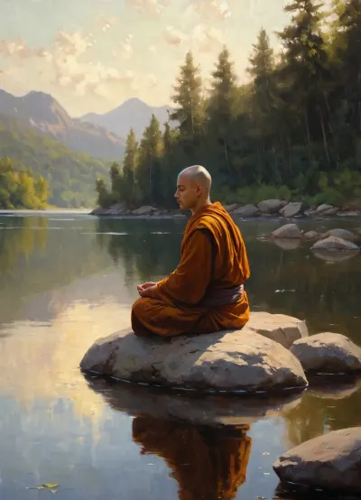 Монах сидел на вершине большой скалы, глаза его закрывались в глубокой медитации. Его безмятежное и гармоничное произведение искусства было идеальной композицией, видимыми мазками кисти и техникой импасто, создавая шедевр, который был отражен озером, которое было перед ним