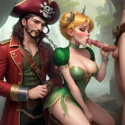 小叮当,一个仙女,在探索大海时绊倒在虎克身上,献出她的神奇力量来为他服务. 虎克接受并用钩子刺穿她紧紧的阴部 而用他的嘴吸她的乳房和乳头 直到他们俩