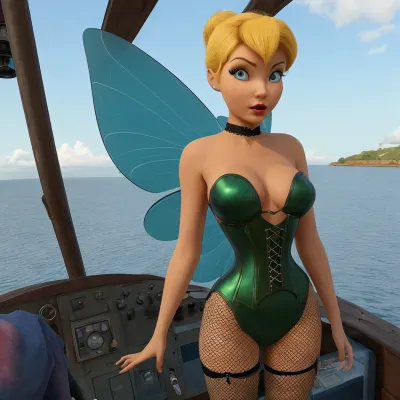 tinker bell is a sweet, sexy, very very petite fairy with wings.
Her clothes are green and translucent latex. Is corset dress transparent latex
Her hair is long and blonde and in a high bun
Her hands are sleek slender and delicate. Her face small, sweet and beautiful.
Her eyes are blue, tender and seductive .
Her eyes are blue
Long legs
Very short, less then 5 feet
She has wings
She standing, leaning slightly foward

Full body scene, front facing camera

in captain quarters of pirate ship Small breast
Black choker with metal heart, Fishnet gloves and fishnet stockings TinkerWaifu, single, hair, bun, strapless, green, dress, fairy, wings, <lora:TINK-V2:.5>, <lora:tinkerbell_character-10PROUNED:.5>