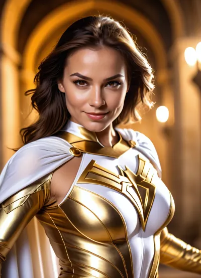 Una donna in un costume bianco e oro stava al bordo di un tetto, i suoi capelli che soffia nel vento. Era pronta ad affrontare qualsiasi sfida che si è fatta strada. In una mano, ha tenuto un'arma potente che potrebbe abbattere