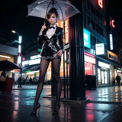 AI生成的图片显示,一个超详细,极其华丽,可爱的小可爱在夜间站在雨天的将来城市街道上. 她穿着性感的丝袜 穿着高跟鞋和精致的鞋 她的腿分开了,