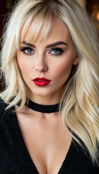 Die englische Frau im Bild hatte volle Lippen, schwülen Ausdruck und makellose Komplexität. Sie trug einen glänzenden roten Lippenstift und schwarzen Lidschatten mit Knallen, die ihren schwülen Ausdruck umrahmten. Ihre vollen Lippen wurden in einer