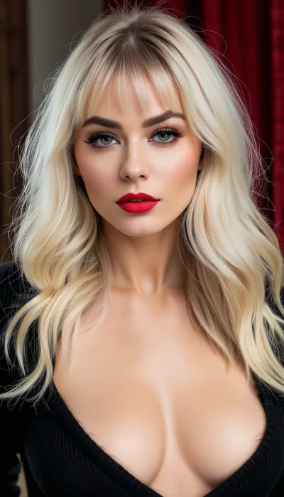 那位没有阴毛和翼状眼线的法国女人站在镜头前,身着性感的红色口红. 她有沉闷的表情和时尚化妆, 有着沉重的眼线和黑色的眼罩。 她长的假眼