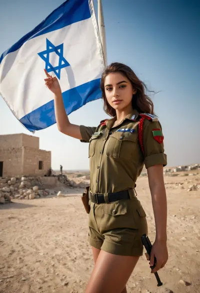 İsrail Ordusu'nun fotoğrafı, İsrail Ordusu üniforması giyen güzel bir kız, dev bir İsrail bayrağını gururla salladı, süper gerçekçi fotoğrafçılık, doğal aydınlatma, en iyi gölge ve 8K UHD, Gazze'deki güzel seksi bir kızın geniş bir perspektifi
