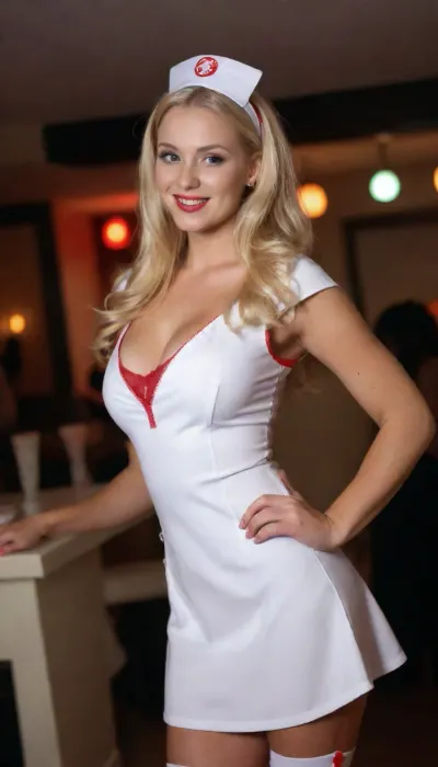 (Sandra 27 year old gorgeous well built tall blonde girl dressed in a sexy nurse costume at a Halloween party:1.2), supermodel, slutty makeup, large breasts, smiling, tight short dress, micro mini skirt, professional photo, best camera, best lighting, crowded room, Halloween decorations, nighttime