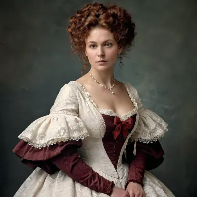 Женщина на картине носит обмороженное платье в викторианском стиле и имеет большую стрижку. Она лицом к лицу со своими волосами, стилизованными в элегантную булочку с некоторыми свободными нитями, обрамляющими ее лицо. На заднем плане портрета