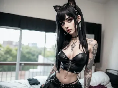 The punk bimbo's edgy makeup and chains around her neck made her look like a goth, but her tight hips and thighs showed that she was not just any bimbo. She leaned against the wall, waiting for someone to approach