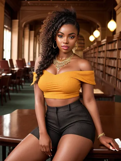 Una joven belleza africana con pelo rizado en cascada sobre sus hombros y ojos brillantes de ámbar, contrastada con su piel oscura natural. Sus gruesos labios están resaltados con un sutil detalle cuticle, y sus uñas están intrincadamente texturadas