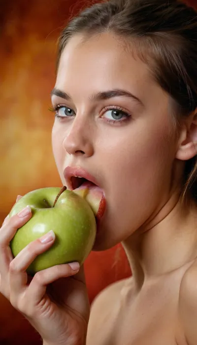 young girl biting into a juicy apple, topless
