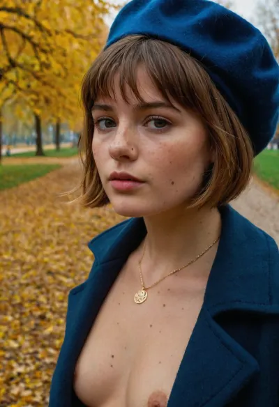 The woman in the picture is wearing a professional photo outfit with high quality, and she has long blue coat, wide neckline, and full body view. Her bangs are parted to the side and she looks away from the camera. She has fre