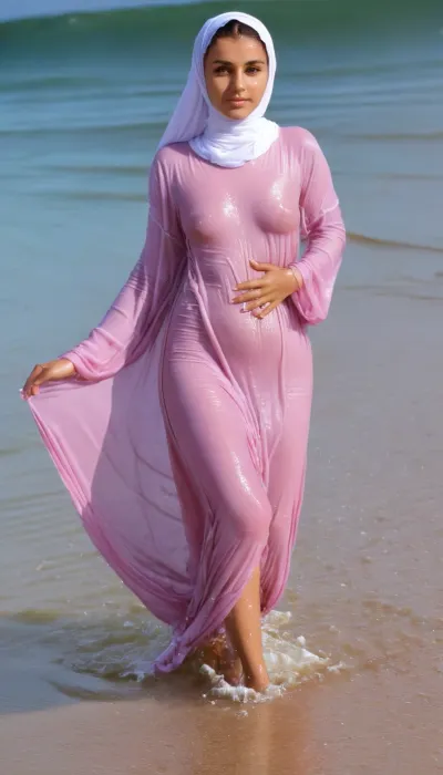 그림의 젊은 소녀는 젖은 abaya와 젖은 hijab를 착용하고, 그녀가 샤워에서 나온 것처럼 보이게합니다. 그녀는 카메라 앞에 서, 그녀의 젖은 pussy와 함께