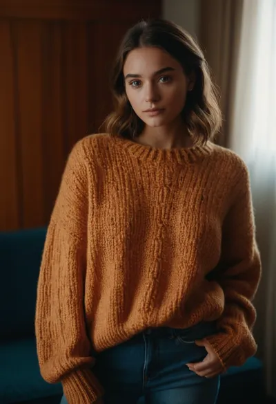 人工智能制作了一幅女性身着超大毛衣的照片