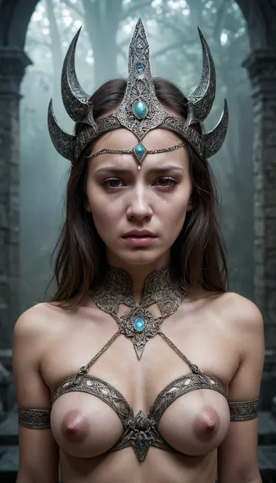 A dark, unsettling photo of a defiant woman’s visage, hidden behind an outlandish and cryptic mask, perched atop an ethereal guardian in an animated stance. Her head splits into five crevices, each fragment replicated into countless variations. Within each fissure, vortexes of fractals mingle with hallucinatory creatures, adorned with chessboard opal designs that create a recursive, disturbing effect. The enveloping void radiates a tranquil yet haunting atmosphere. Distressed geometric patterns form an enigmatic portal backdrop, dotted with fantastical elements. The scene is bathed in an extraterrestrial color palette, and her skin features elaborate grayscale textures, all brought to life with V-Ray rendering and stereoscopic light effects, enhancing the macabre ambiance., with, tears, crying, <lora:262372_training_data:.5>, <lora:tiedbreastsblue_XL_reg0_:.5>, <lora:tearsXL:.5>, <lora:crying:1.5>, <lora:ahxl_v1:.5>