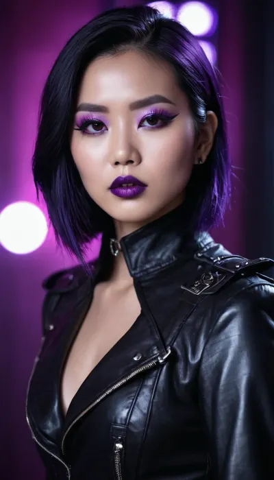 beautiful and sexy full leather dressed asian cyberpunk girl, gothic makeup, light violet shadow eyes, long dark eyeliner, dark violet gossip lips