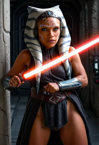 Ahsoka Tano, a 20-year-old Jedi Padawan, stands in front of the camera with her lightsaber in hand. She is wearing a yellow lightsaber and has an intense look on her face. The camera zooms