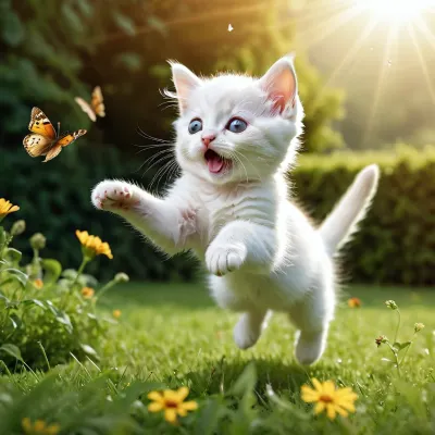 A small white kitten jumping catches a butterfly on the lawn, day, sun.
