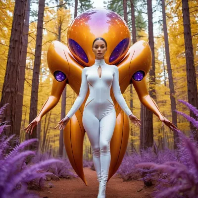 A mulher estava em frente ao alienígena, seu traje de salto apertado revelando suas curvas voluptuosas. Ela chegou e tocou os quatro braços do alienígena, sentindo sua excitação através de seu toque. De repente, ela foi transportada para outro mundo onde ela