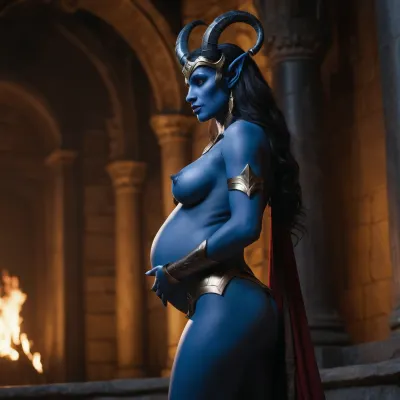 Naked draenei in dark castle with blue skin horns, tail, puffy butthole, and hairy pussy kissing captured naked pregnant wonder woman.